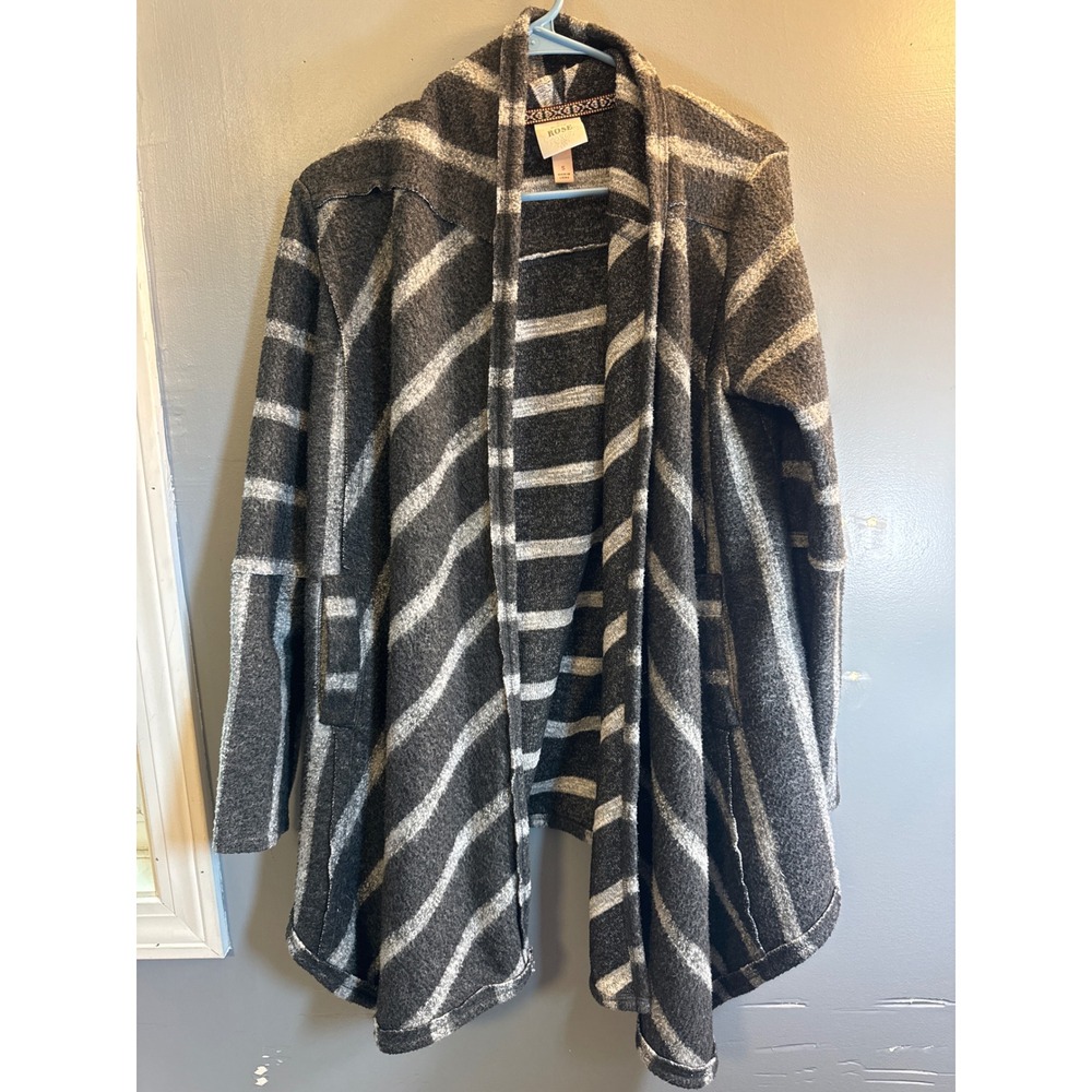 Knox Rose Gray Striped Open Front Cardigan Lace Up Sleeve Small - Picture 1 of 16